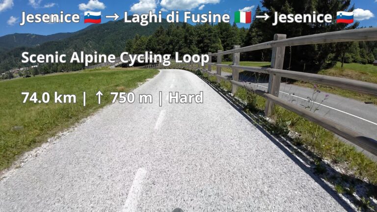 Cycling route from Jesenice through Planica and Laghi di Fusine back to Jesenice.