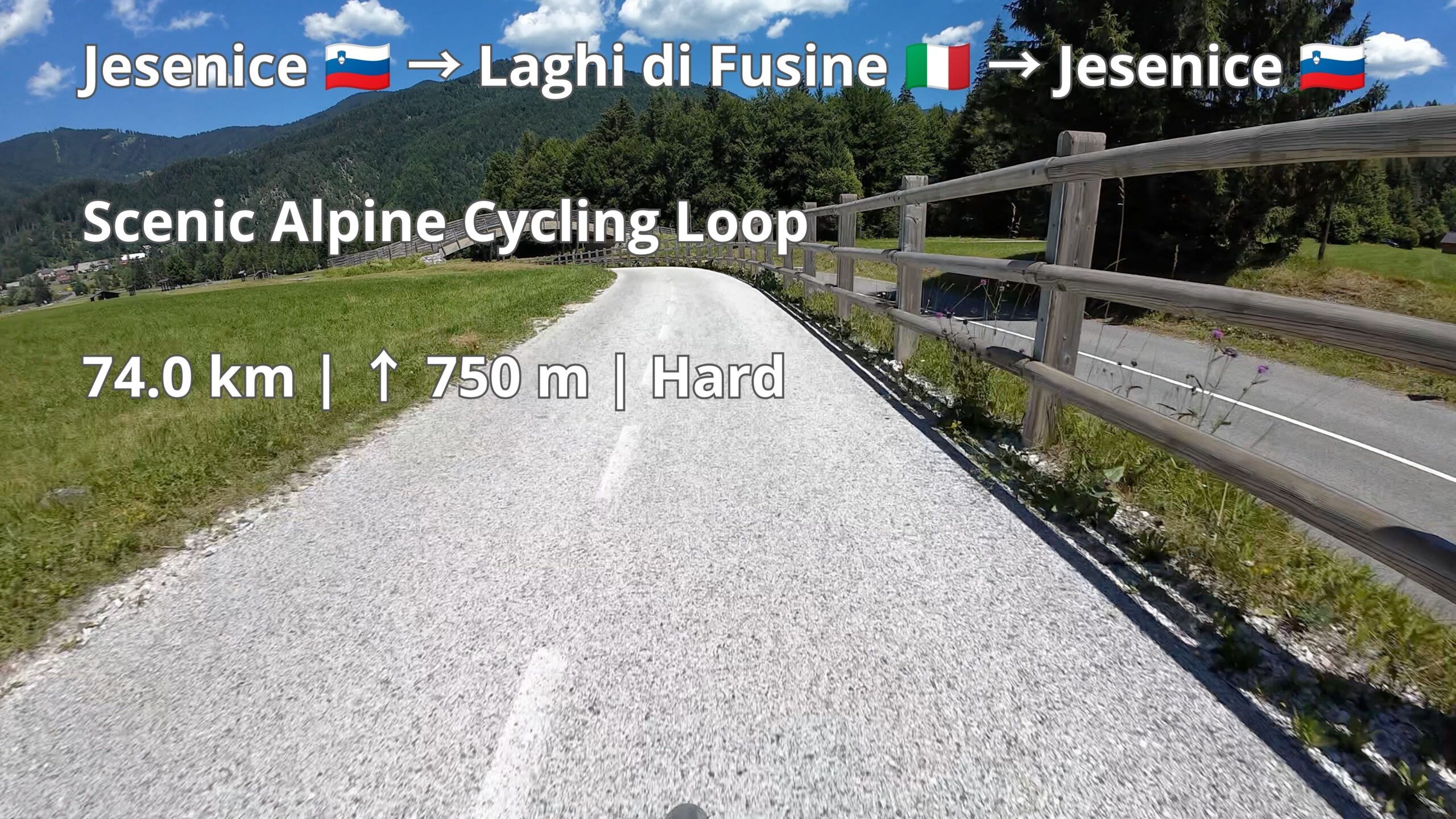 Cycling route from Jesenice through Planica and Laghi di Fusine back to Jesenice.