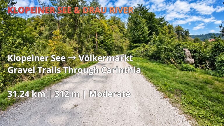 Gravel cycling trail through the green forests of Carinthia, Austria, on the Eberndorf to Völkermarkt Bridge cycling route.