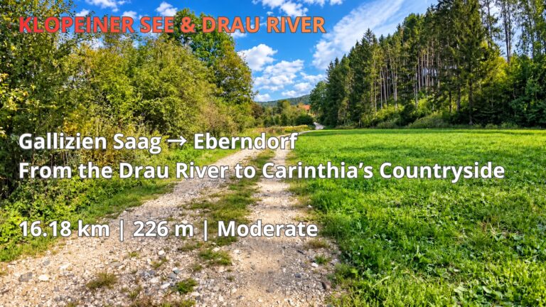 Cycling route from Gallizien Saag to Eberndorf via St. Primus, featuring a scenic gravel path, green meadows and forests in Carinthia, Austria.