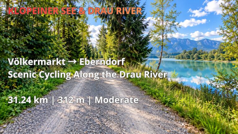 🇦🇹 Völkermarkt → Eberndorf | Drau River Cycling via Gallizien Cycling route from Völkermarkt to Eberndorf along the Drau River in Carinthia, Austria, featuring a scenic gravel path, turquoise water and mountain views.